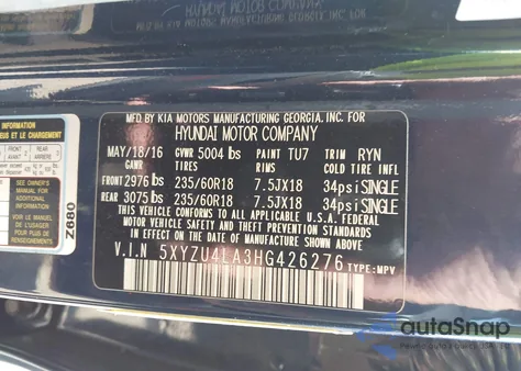 2017 Hyundai Santa Fe Sport 2.0T z USA, uszkodzony, nr VIN 5XYZU4LA3HG426276